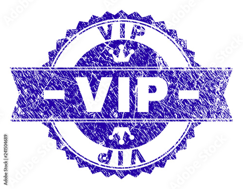 VIP rosette stamp seal overlay with grunge style. Designed with round rosette, ribbon and small crowns. Blue vector rubber watermark of VIP title with retro style.