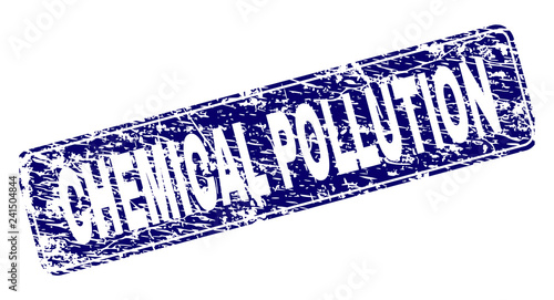 CHEMICAL POLLUTION stamp seal print with distress style. Seal shape is a rounded rectangle with frame. Blue vector rubber print of CHEMICAL POLLUTION label with unclean style.