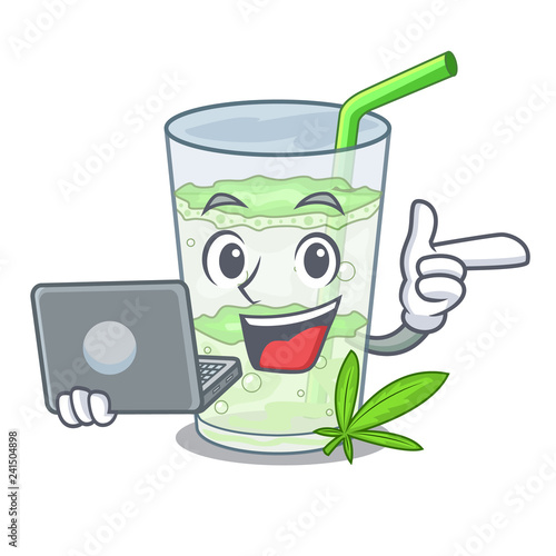 With laptop fresh lassi bhang in glas cartoon
