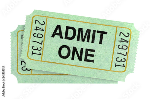 Pair of admit one tickets isolated on white background