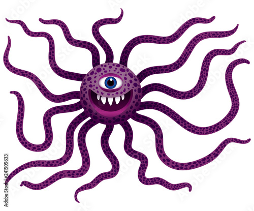 Funny monster with long tentacles. Cyclops mutant with teeth. Purple octopus alien. Character for Halloween. Isolated image. Vector illustration.