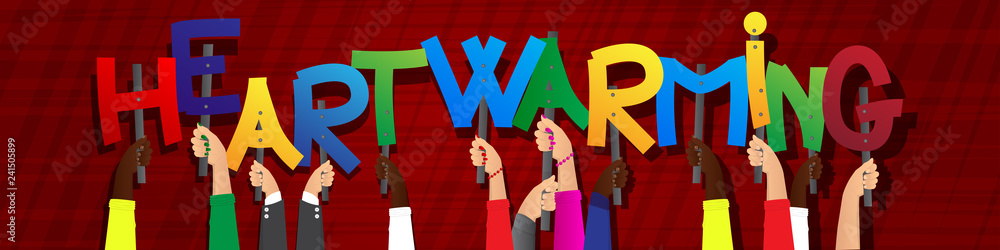 Obraz premium Diverse hands holding letters of the alphabet created the word Heartwarming. Vector illustration.