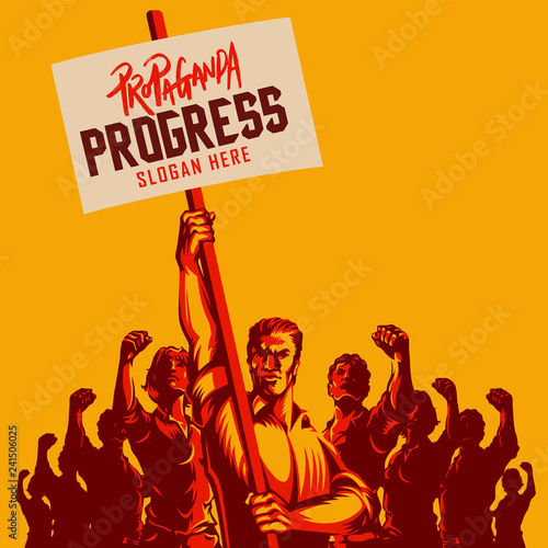 One Man Holding a Blank Placard with Large Crowd of People with Their Hands Raised in the Air vector illustration. Revolution political protest activism patriotism.