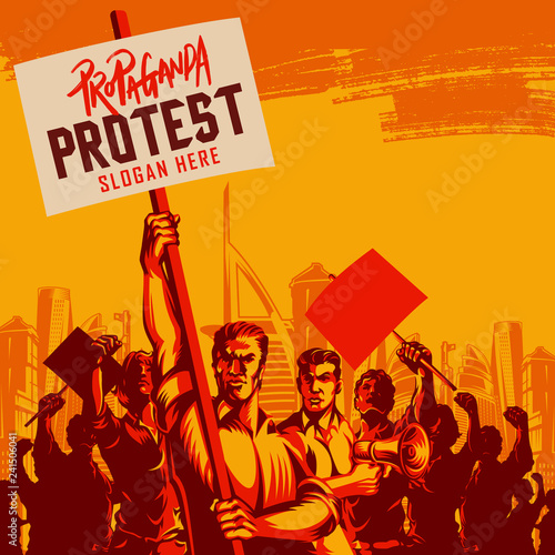 One Man Holding a Blank Placard and megaphone with Large Crowd of People with Their Hands Raised in the Air vector illustration. Political protest activism patriotism. Revolution raising The Flag.