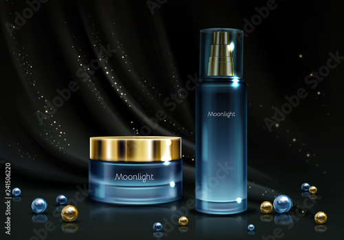 Womens night cosmetics line 3d realistic vector. Perfumes in branded bottle of blue glass and moisturizing cream jar with golden cap on black silk background with scattered around perls illustration