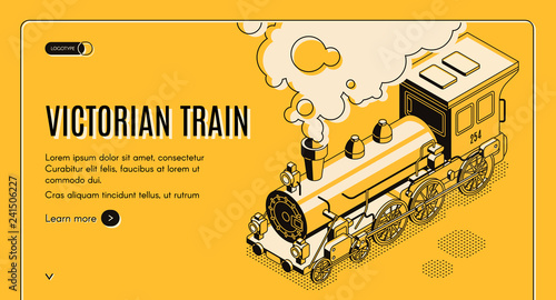 Railway transport history museum isometric vector web banner. Victorian era steam locomotive erupting steam and smoke liner art illustration. Retro machines touristic exposition landing page template