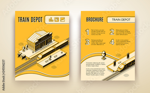 Railway company isometric vector promo brochure, touristic booklet page template with high-speed passenger train on train station or depot line art illustration. Transport infrastructure infographics