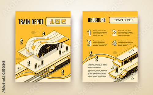 Railway transport company isometric vector advertising brochure, promotional leaflet or annual report pages template with high-speed passenger locomotive stopped in modern train depot illustration