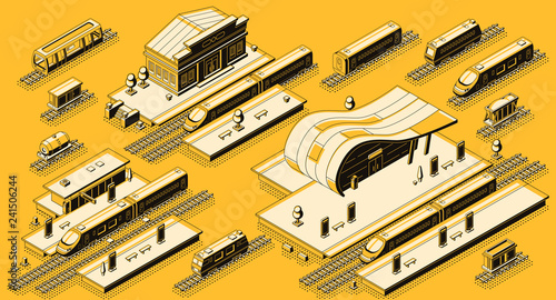 Train station buildings with platforms and electric, diesel locomotives with passenger and freight wagons on rails isometric vector set. Railroad transport infrastructure line art elements collection