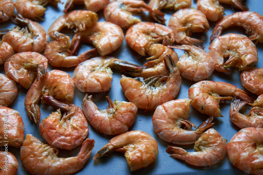 Cooked shrimps on tray
