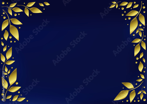 Blue background stylized as velvet decorated with golden leaves and dots for decoration, scrapbooking paper, sheet of book or notebook, wedding invitation, greeting card, text, frame, family tree