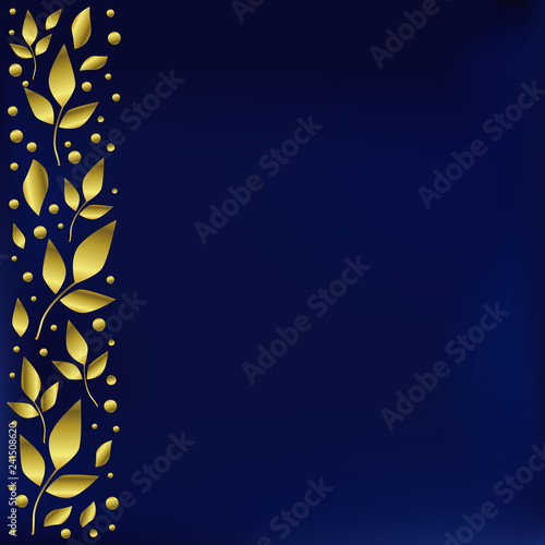 Blue background stylized as velvet with decorative stripe on the left side with golden leaves and dots for decoration, scrapbooking paper,cover of book or notebook,wedding invitation, greeting card