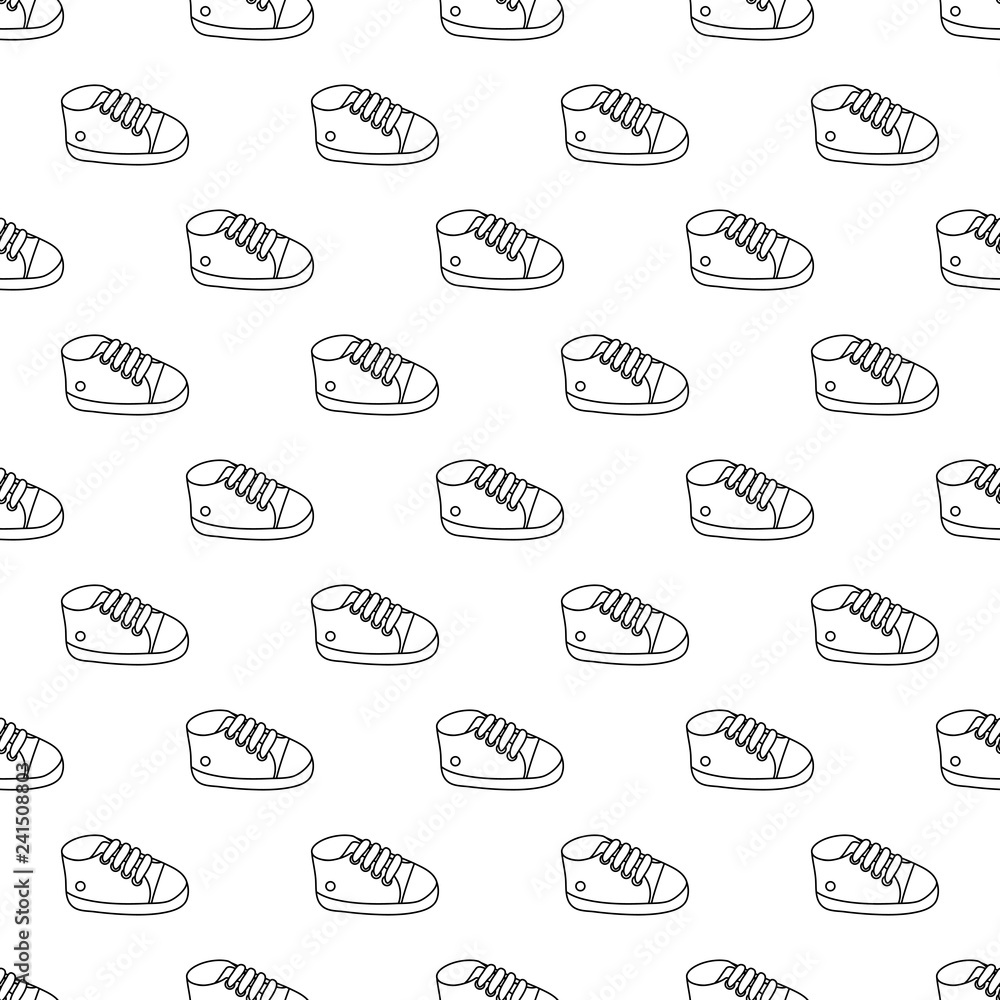 Vector seamless pattern of  outline baby sneakers.