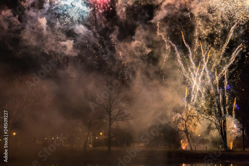 Yellow fireworks on dark sky with trees and Vltava river