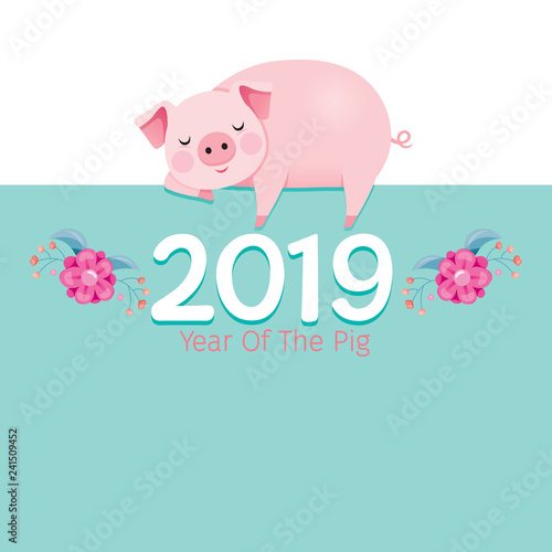 Year Of The Pig 2019 Texts With Pig Sleeping On Frame, Traditional, Celebration, China, Culture