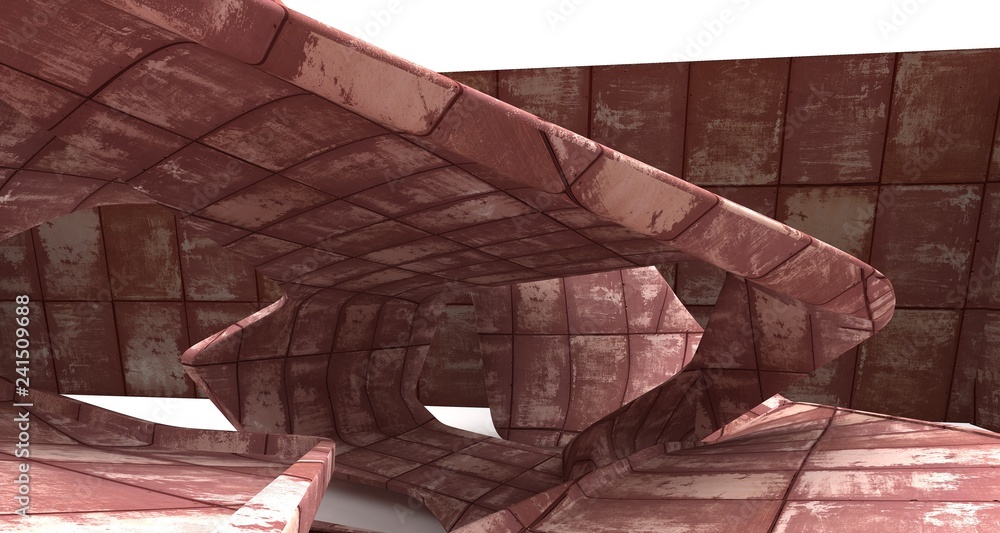 Empty smooth abstract room interior of sheets rusted metal . Architectural background. 3D illustration and rendering Empty smooth abstract room interior of sheets rusted metal . Architectural background. 3D illustration and rendering