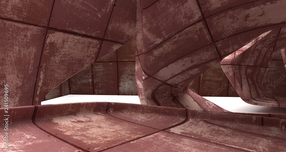 Empty smooth abstract room interior of sheets rusted metal . Architectural background. 3D illustration and rendering Empty smooth abstract room interior of sheets rusted metal . Architectural background. 3D illustration and rendering