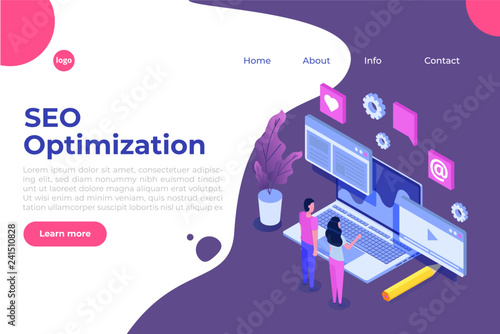  Web seo optimization illustration concept isometric. Landing page template.  Sticker for web banner,  web page, banner, presentation, social media, documents, cards, posters.  