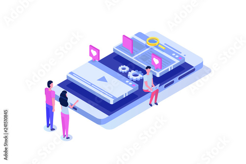  Web seo optimization illustration concept isometric. Landing page template.  Sticker for web banner,  web page, banner, presentation, social media, documents, cards, posters.  