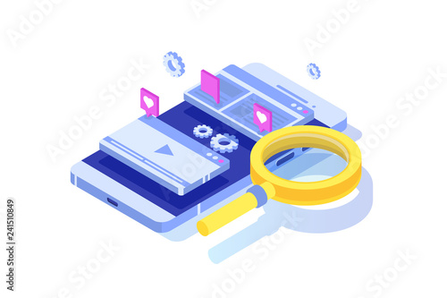  Web seo optimization illustration concept isometric. Landing page template.  Sticker for web banner,  web page, banner, presentation, social media, documents, cards, posters.  