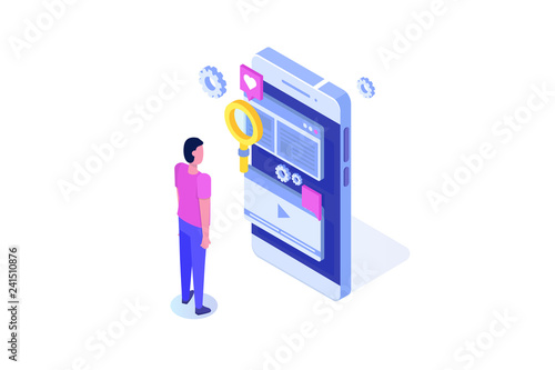 Web seo optimization illustration concept isometric. Landing page template.  Sticker for web banner,  web page, banner, presentation, social media, documents, cards, posters.  