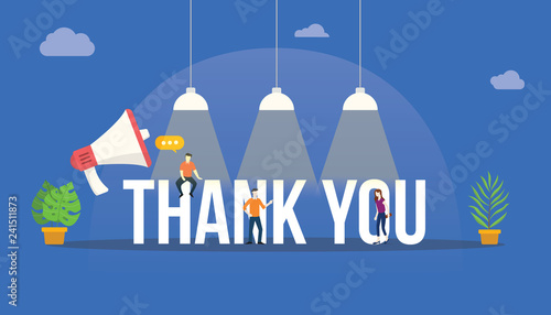 thank you big word with megaphone and team people around the text with lamp shine on top