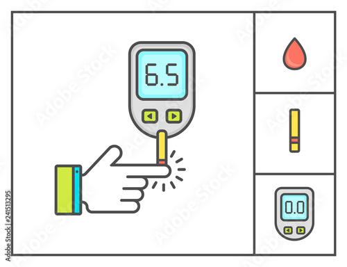 Diabetes vector linear background with place for text. Diabetic therapy line style icons set. Blood glucose test. World diabetes day pattern.