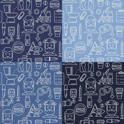 Diabetes symptoms and control vector line style seamless background. Frequent urination, blurry vision, sexual problems, high blood sugar, hungry, linear illustration. Diabetic pattern. 