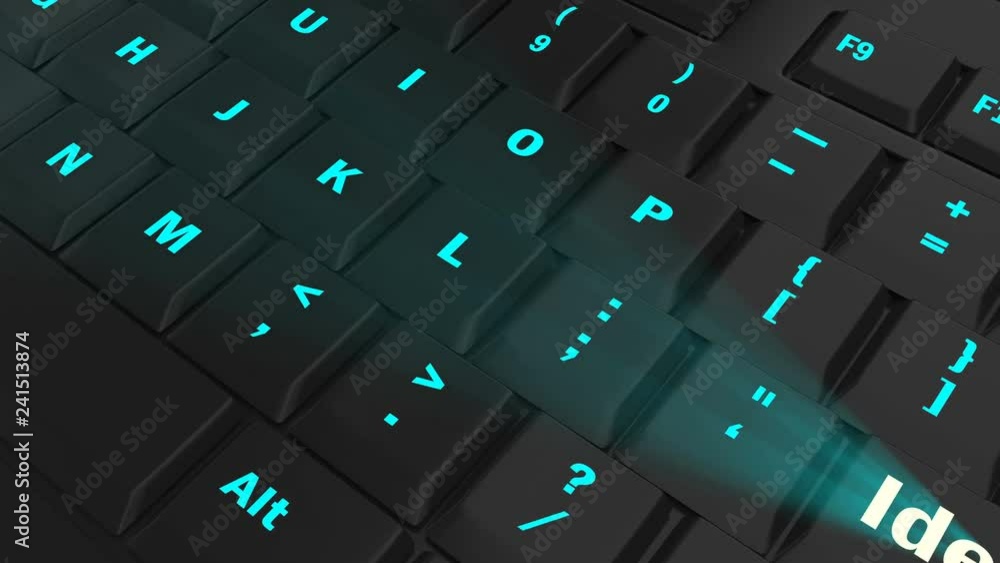 pointing the camera on blue glowing Identify key on black computer keyboard pointing the camera on blue glowing Identify key on black computer keyboard