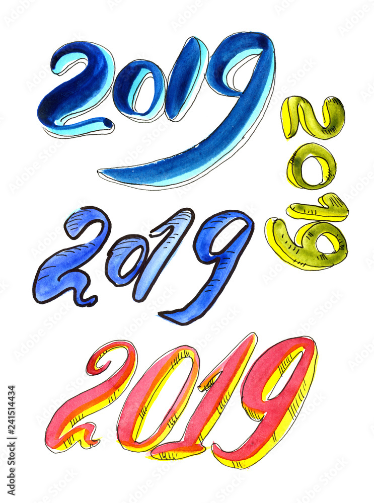 Obraz premium watercolor lettering text 2019 colorful twenty nineteen brush