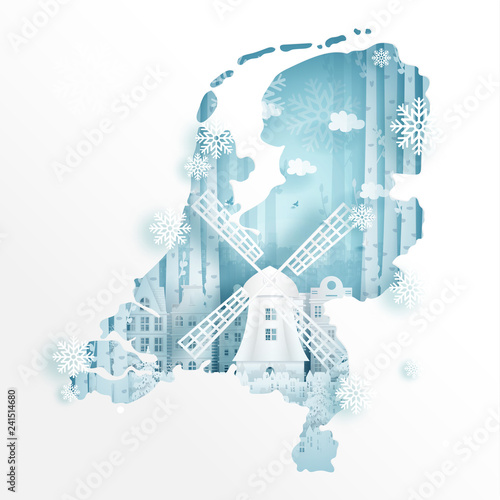 Winter in Amsterdam for travel and tour advertising concept with world famous landmark in paper cut style vector illustration.