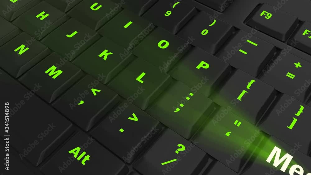 pointing the camera on green glowing Measure key on black computer keyboard pointing the camera on green glowing Measure key on black computer keyboard