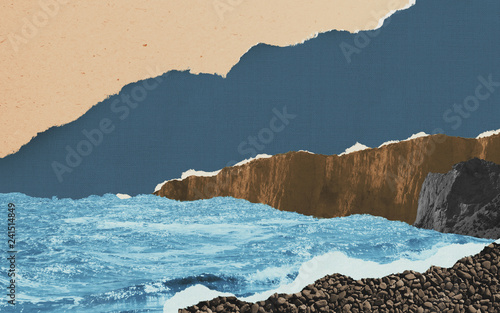 Surreal collage composition made of torn pieces of vintage paper. Seascape with blue colored fragment of water, mountain and gravel in front. Cut out fragments made of linen, craft paper, carton, torc