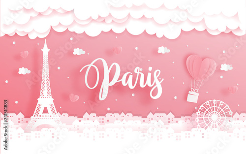 Honeymoon trip and Valentine's day concept with travel to Paris, France and world famous landmark in paper cut style vector illustration. 