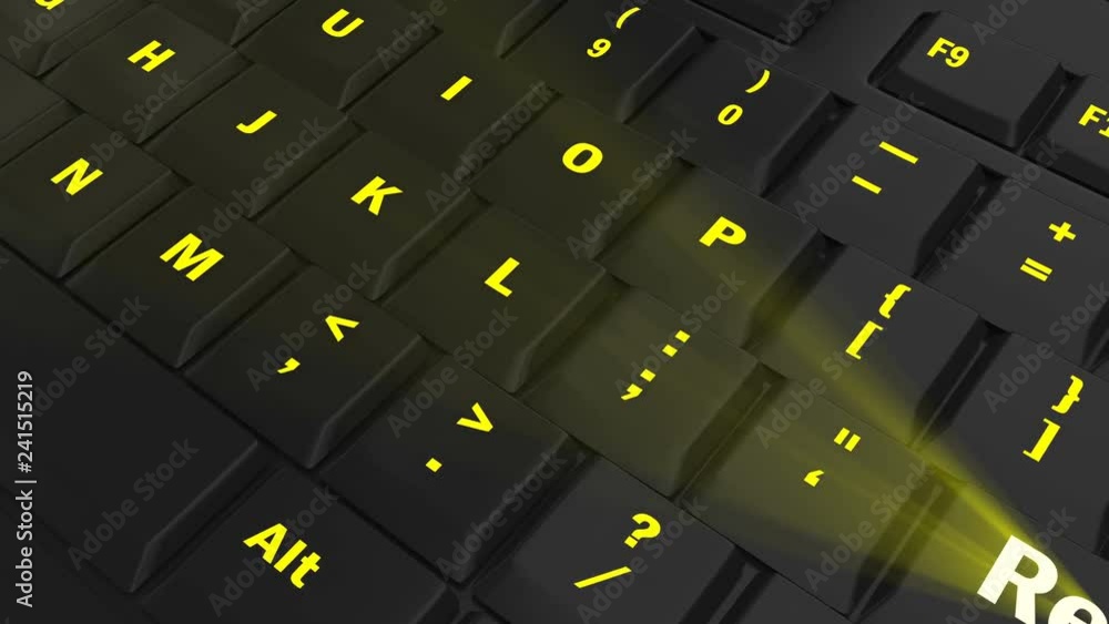 pointing the camera on yellow glowing Recall key on black computer keyboard pointing the camera on yellow glowing Recall key on black computer keyboard