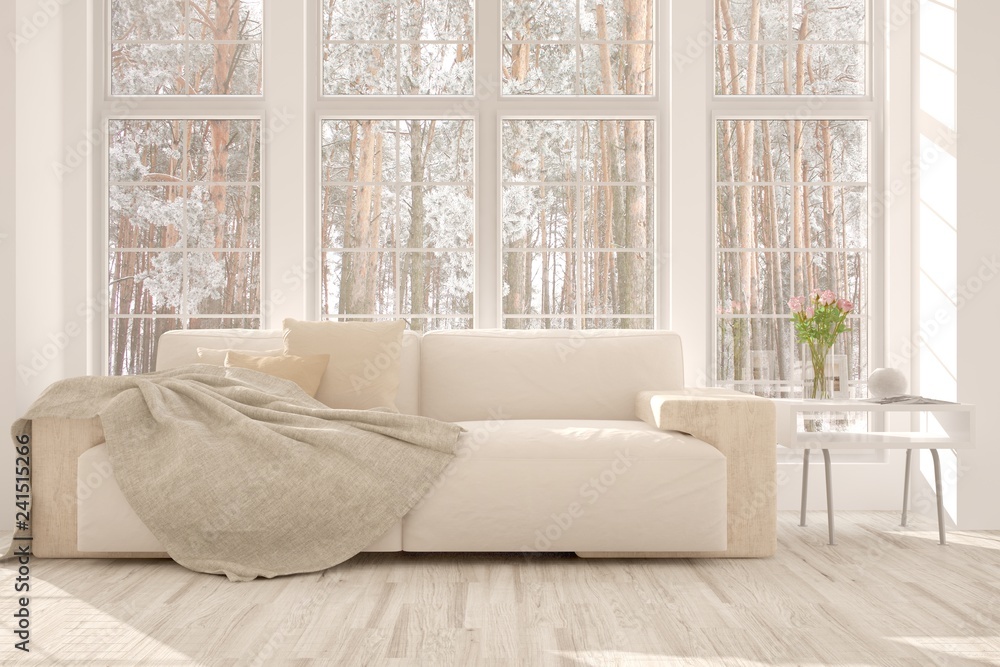 Fototapeta premium White room with sofa and winter landscape in window. Scandinavian interior design. 3D illustration