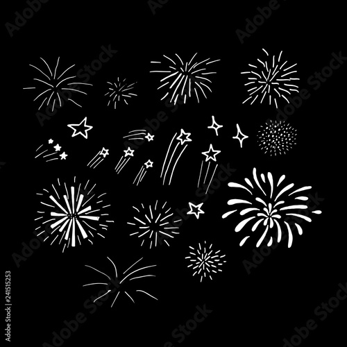 Vector white hand drawn fireworks set on black background.  Vector hand drawn design elements.