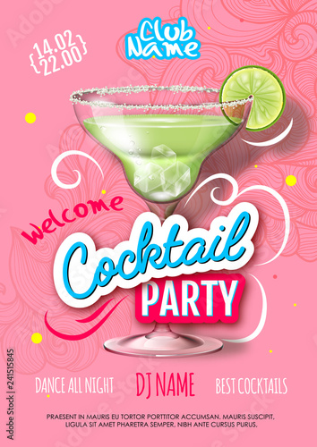 Cocktail party poster in eclectic modern style. Realistic cocktail photo