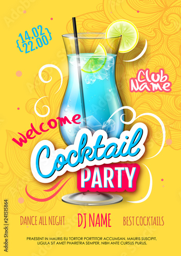 Cocktail party poster in eclectic modern style. Realistic cocktail photo