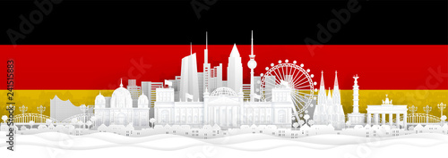 Germany flag and famous landmarks in paper cut style vector illustration.