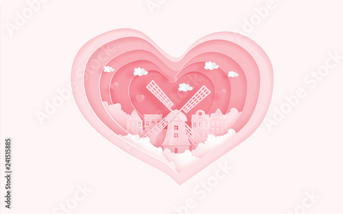 3Amsterdam, Holland famous landmarks in love concept with heart shape. Valentine's card and travel advertising for couple. Paper cut style vector illustration.