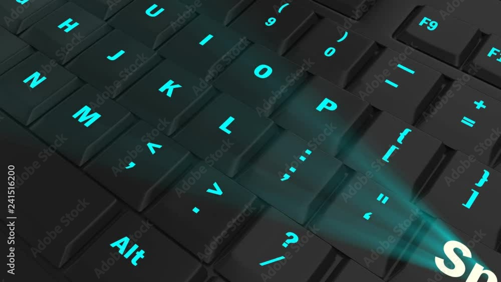 pointing the camera on blue glowing Spend key on black computer keyboard pointing the camera on blue glowing Spend key on black computer keyboard