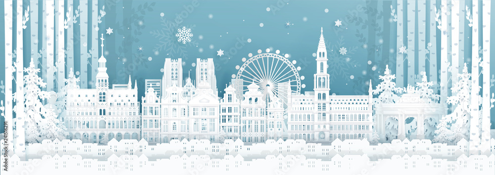 Panorama postcard and travel poster of world famous landmarks of Belgium in winter season in paper cut style vector illustration