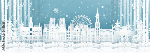 Panorama postcard and travel poster of world famous landmarks of Belgium in winter season in paper cut style vector illustration