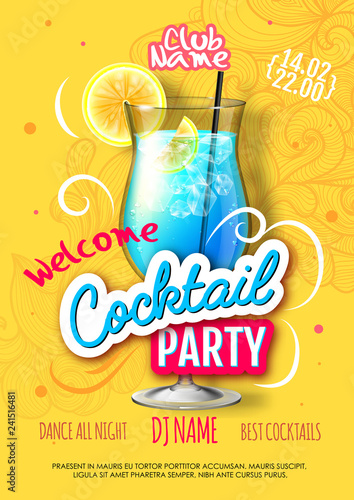 Cocktail party poster in eclectic modern style. Realistic cocktail photo