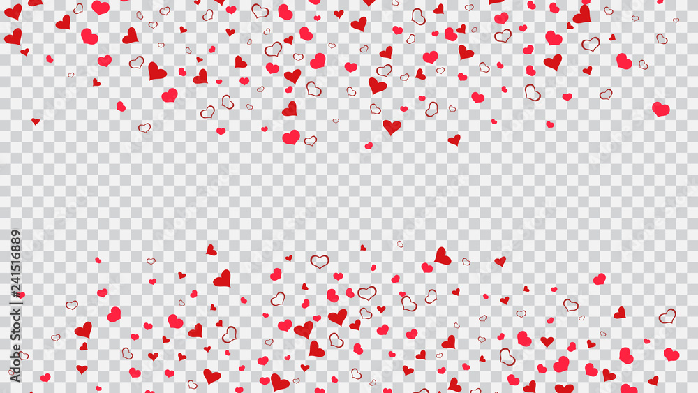 A sample of wallpaper design, textiles, packaging, printing, holiday invitation for birthday. Red hearts of confetti crumbled. Red on Transparent fond Vector. Happy background.
