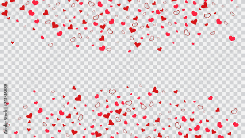 A sample of wallpaper design, textiles, packaging, printing, holiday invitation for birthday. Red hearts of confetti crumbled. Red on Transparent fond Vector. Happy background.