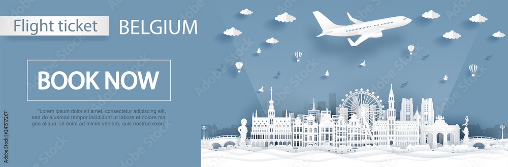 Flight and ticket advertising template with travel to Belgium concept, Brussels ,Belgium famous landmarks in paper cut style vector illustration