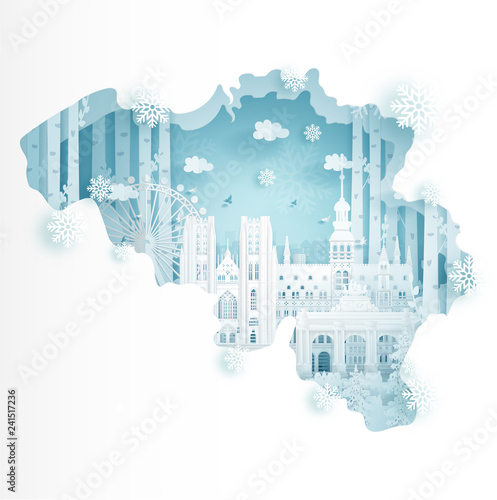 Winter in Belgium for travel and tour advertising concept with world famous landmark in paper cut style vector illustration