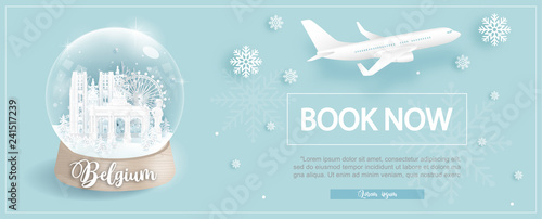 Flight and ticket advertising template with travel to Belgium in winter season with famous landmarks in paper cut style vector illustration